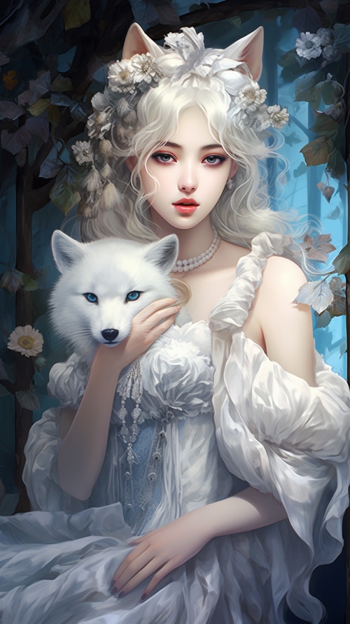 一个清新脱俗的仙女，穿着白色古装服饰，五官精致漂亮，脸正脸，脸靠在一头白色狐狸和脸上，狐狸蓝色睛睛，很俊俏，背景干净唯美，