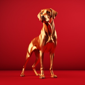 Realistic 3D Rendering of a Pure Gold Dog on a Red Background