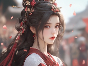 中国古风女子，穿着精美汉服，口红，精美的发饰，精致的妆容，精致完美的五官，逼真的皮肤，全身镜，全景，32k高清画质