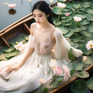 白色连衣裙女人坐在莲花池船上，拿着粉色花