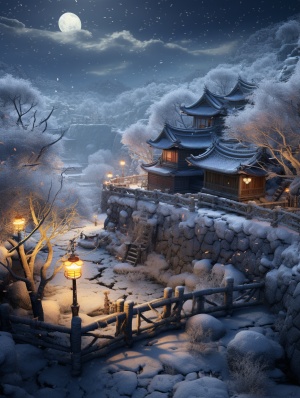 Delicately Rendered Winter Village with Atmospheric Lighting