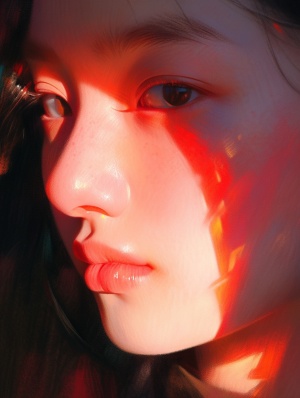 彩色肖像：年轻女子面部特写的红色光线与孤寂空洞的电影氛围