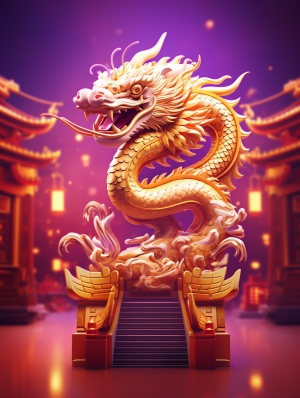中国龙，紫色背景，3D动态，广角拍摄，画面清晰高质量，相机前面有中国建筑，散发金色光，红包封面