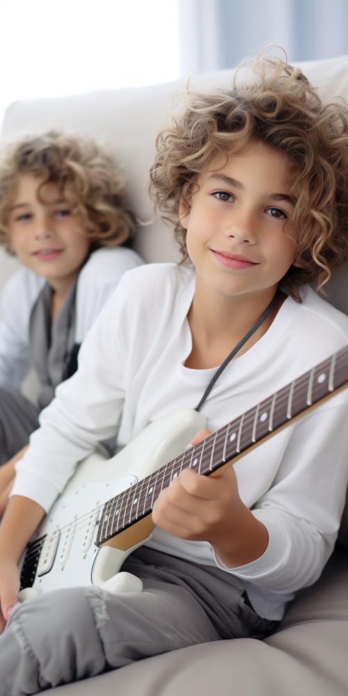 浅褐色卷毛头发的欧美白皮男生，眼睛是蓝色的穿着灰色的毛衫，戴着银色头戴式耳机，坐在白色的床上，弹褐色的吉他