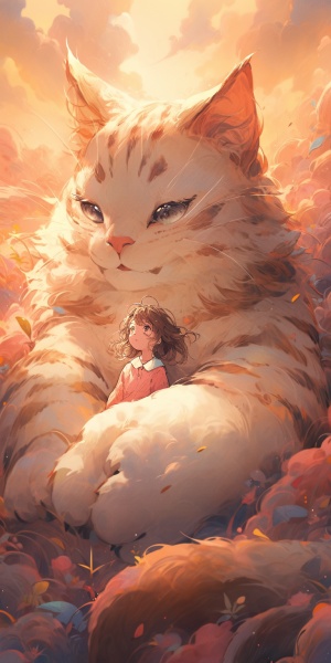 巨大猫与微笑女孩的梦幻插图