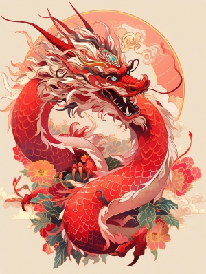 中国风格艺术插画，中国刺绣，中国复古印刷技术，复古风格的龙，单个龙，中国艺术，十二生肖艺术，动物艺术