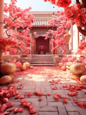 金色福字红包，大红灯笼和中国文化元素的古典建筑院落