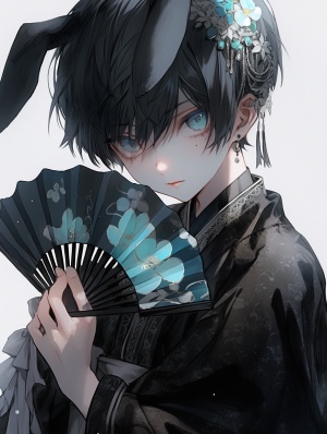 Gothic Darkness: Handsome Lifelike Renderings of a Japanese Anime Rabbit in a Blue Kimono