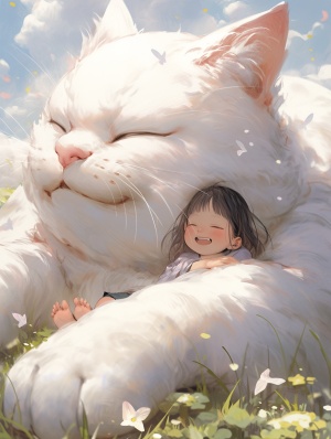 MonoKubo style：超高清下梦幻治愈场景的巨大白猫与微笑小女孩