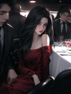 现实主义风格中帅气红色连衣裙与黑色西装的搭配