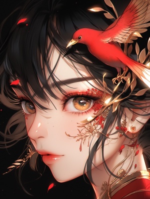女孩与面部油漆和鸟设计画在她的脸上，在淡金色和深红色，中国画，nightcore，32k uhd，迷人的人物，神秘的优雅，浅红色和金色的风格,内藤直人，karol buk