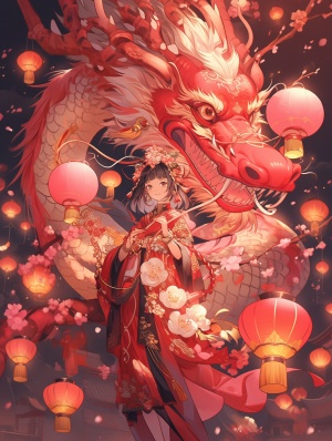 春节，可爱的中国龙，提着灯笼，背景有金的的闪光，整体是深粉色。