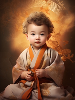 Cute Baby Buddhist Boy in Light Orange and Dark Brown
