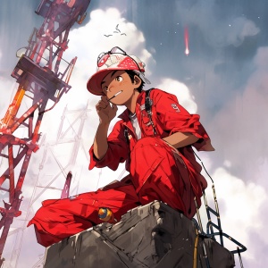 可爱亚裔男工程师身披五星红旗绘图，水墨画云雾中帅气认真