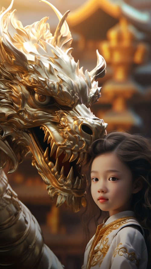 中国小女孩后面一条金色的龙在盘旋飞舞，细节拉满，高清，鎏金