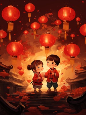可爱呆萌小孩放鞭炮，喜庆红灯背景的8k中国年画