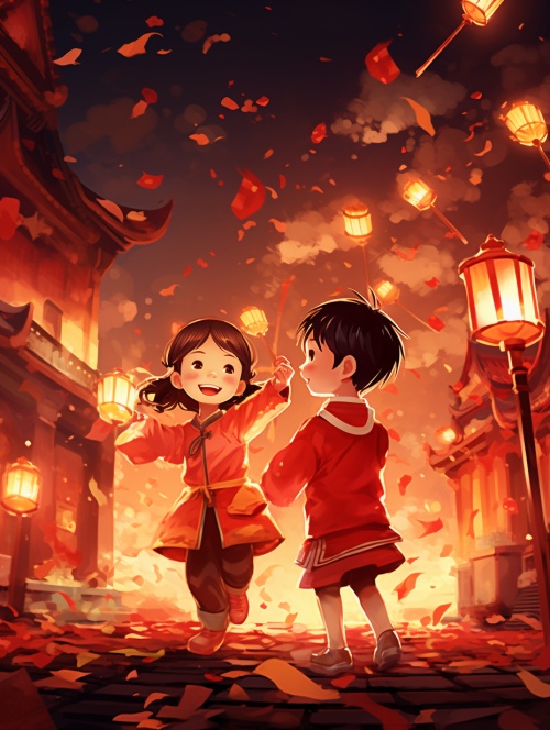 国画，中国年画，可爱呆萌，放鞭炮的小孩，喜庆的红色灯笼背景，传统中国年画，8k，超精细，丰富细节