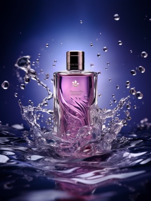 一瓶紫色香水，晶莹剔透，金色文字，写实的水，动态的，无数的水滴，飞溅的水，环绕，涟漪，明亮，光感，焦散，8k，摄影，超细节，超逼真，杰作