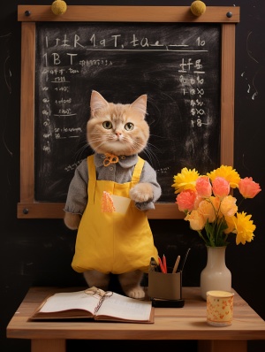 可爱的黄色小猫在中国老师服装下展示文化氛围