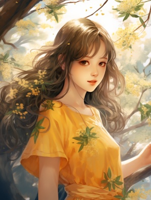 一个娇俏美丽的少女回眸一笑在桂花树下