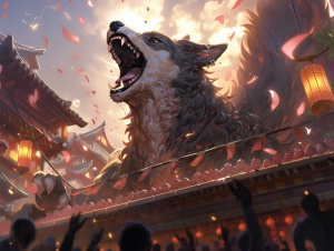 中国古代，古代场景，一只恶狗，张着嘴巴，32k uhd