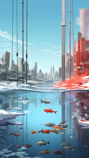 4️⃣ the fish ice and city with water backgrounds on screen, in the style of realist: lifelike accuracy, red and crimson, pilesstacks, environmental installation artist, hyperrealistic precision, chinapunk, ferrania p30 ar 13:24