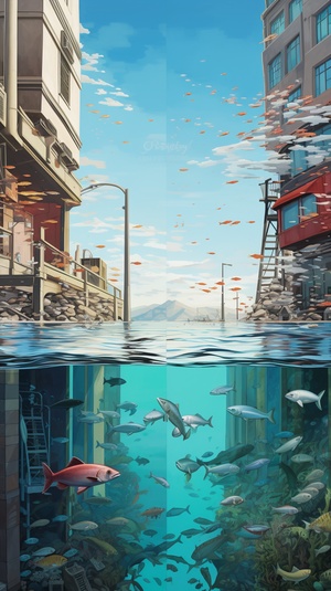 4️⃣ the fish ice and city with water backgrounds on screen, in the style of realist: lifelike accuracy, red and crimson, pilesstacks, environmental installation artist, hyperrealistic precision, chinapunk, ferrania p30 ar 13:24