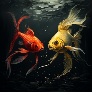 清沏的水中有两条鱼儿欢快地游动着，一条是红色的，惹人喜爱；一条是金黄色的，显出宝贵。