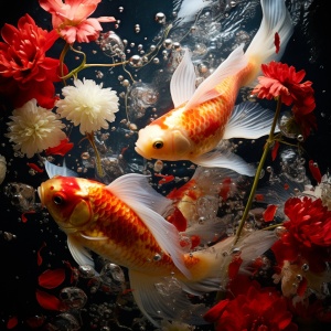 中国风民族气息的写真拍摄：花开富贵，连年有鱼，清沏的水中有两条鱼儿欢快地游动着，一条是红色的，惹人喜爱；一条是金黄色的，显出宝贵。