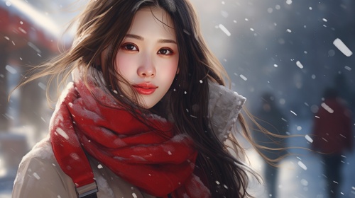 少女，站在雪地，戴着红色格子围巾，穿着白色大衣，雪飘飘落下，少女露出笑容，看向观众，8k