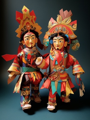 两个男人穿着藏式服装。，以毛绒娃娃艺术，纸雕塑的风格，小飞越