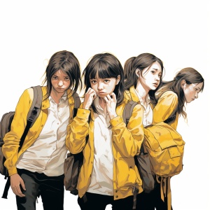 女生背黄色背包的各种表情和姿势