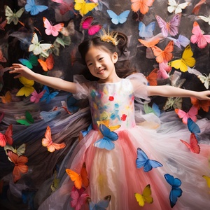 Beautiful Style: Colorful Abstract Gauze and Smiling Chinese Girl with Dancing Butterflies