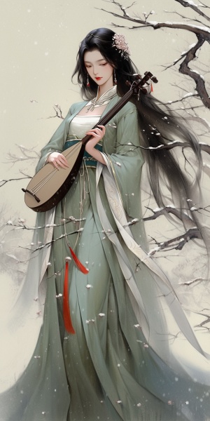 古装美女在青石桥上弹奏古琴