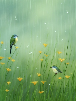 中国壁纸与雨滴中的快乐小鸟