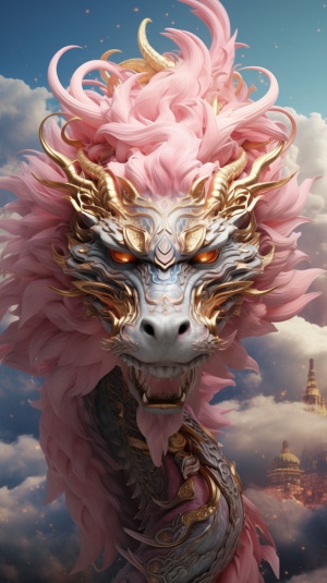 Pink and Golden Dragon, Chinese style, Chinese Dragon, distinct layers, clear details, Natural Harmony, Light Illumination, Bright, Pink Cloud, Light Blue Cloud, lifelike, soaring Golden Dragon, 3D Halo dyeing, HD, HDR,16k, full texture, uniform and bright lightLong pink hair, exquisite facial features, big eyes full of aura, beautiful appearance, fair and transparent skin, perfect and thin figure, bumpy, woman in white Chinese costume, fairy, 16K picture quality, looming in pink-blue smoke, ultra-high defi