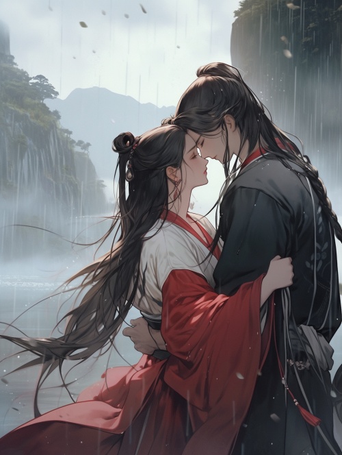 中国古代明代风格，穿着黑色长袍的男子从身后抱着穿着红裙的女子，微风，山坡上，自然的景色，超高清画质，五官清晰