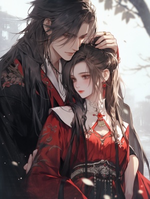 中国古代明代风格，穿着黑色长袍的男子从身后抱着穿着红裙的女子，微风，自然的景色，超高清画质，五官清晰