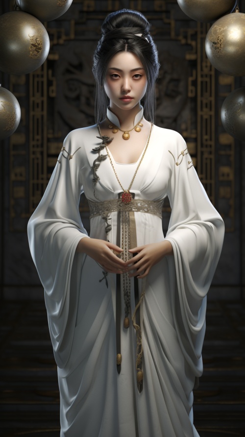 一位身穿白色连衣裙的高级中国女仆，采用虚幻引擎5的风格，星星艺术集团 (xing xing)，日本印花，深银浅金，天球朋克，质地厚实，