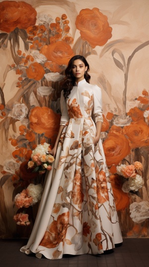 syafii身着白色婚纱，在花墙前，采用浅古铜色和橙色的风格，图案面料，传统越南语，拼图般的碎片，手绘细节，奢华面料，ferrania p30，超高清画质，超精细，32K