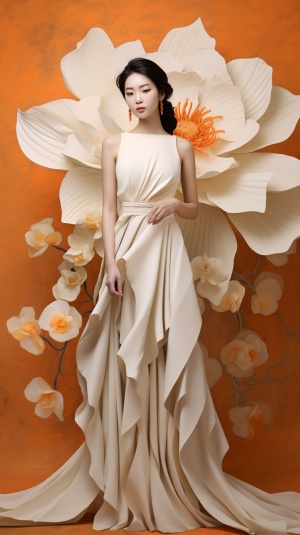 一位中国白衣女子，身材高挑，站在纸花旁，淡金色和橙色的风格，精湛的工艺，液体乳液印刷，简约优雅的风格，醒目的细节，不对称的设计，充满活力的色彩组合，超高品质，超高清画质，32K