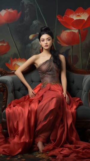 一个穿着红色连衣长裙的东方美女，坐在鲜花的沙发上摆姿势拍照，错落分布的荷花莲花为背景，以花卉超现实主义，浅橙色和深灰色的风格，充满活力的舞台背景，禅宗灵感，超精细，超高清画质，32K