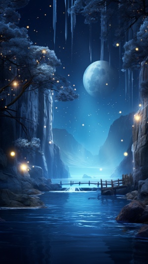 金色月亮照耀下的瀑布、树与冰蝴蝶