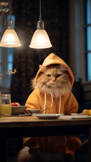 可爱橘色猫咪在实木桌前吃面条