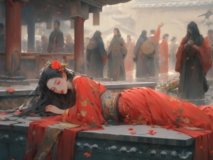 中国古代庭园，明朝服饰，一女子，死了，倒在血泊中，32k uhd