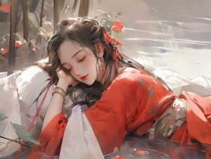 中国古代庭园明朝服饰中一女子的死亡景象