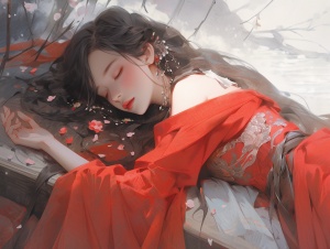 中国古代庭园，明朝服饰，一女子，死了，躺在红色血泊里，面色苍白，32k uhd