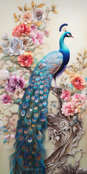中国风格艺术刺绣，百鸟朝凤，羽毛绚丽多彩，鸟类艺术