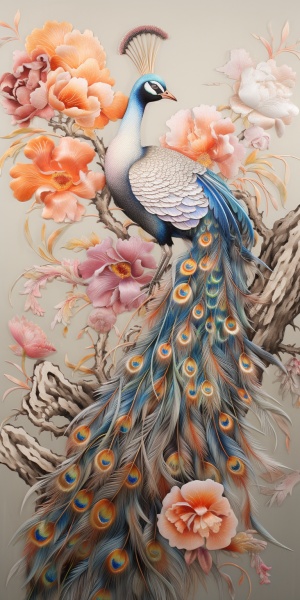 中国风格艺术刺绣，百鸟朝凤，羽毛绚丽多彩，鸟类艺术