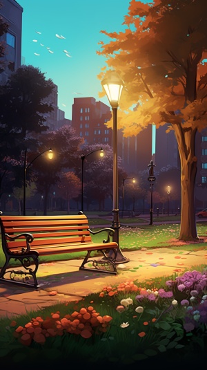 公园场景图中的鲜花与长椅插画
